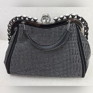 Iridescent Rhinestone Accented Black Hand Tote with Shoulder Strap Bling Bag